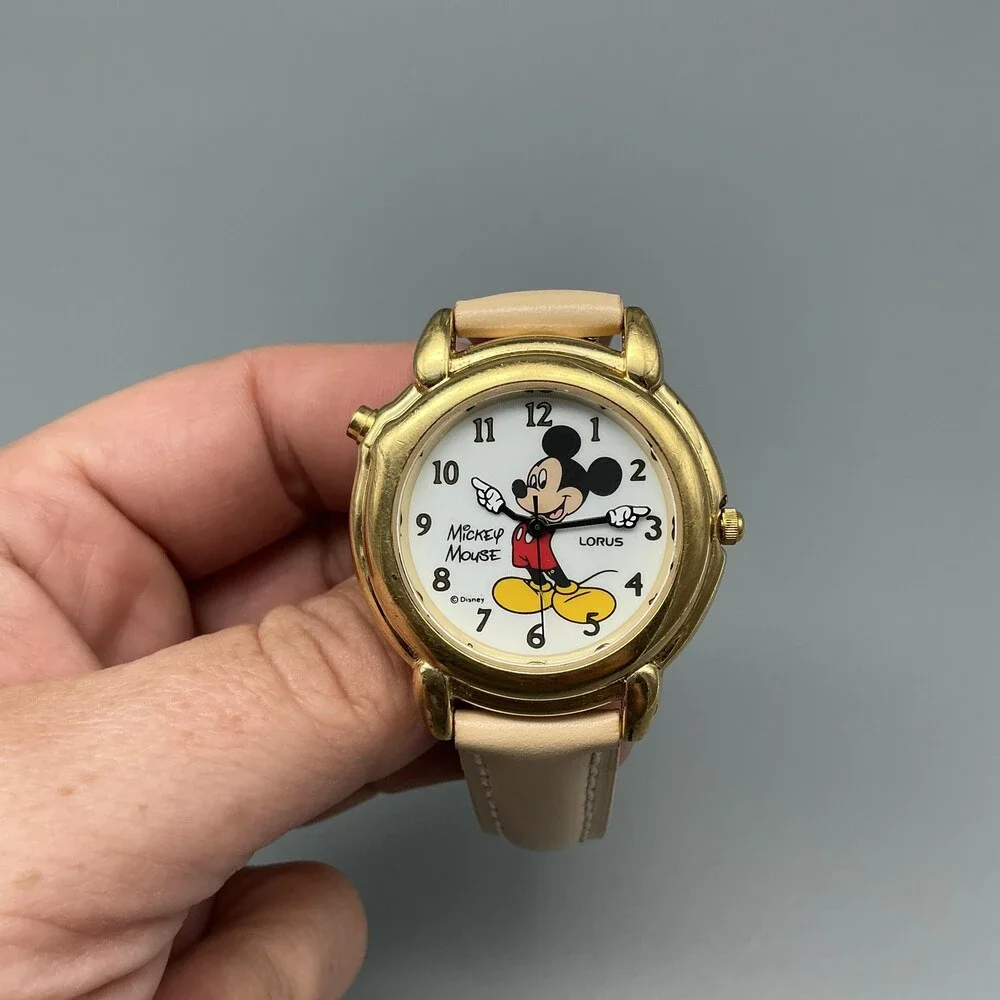 Lorus Women Watch 36mm White Mickey Mouse Talking Gold Tone Leather New Battery